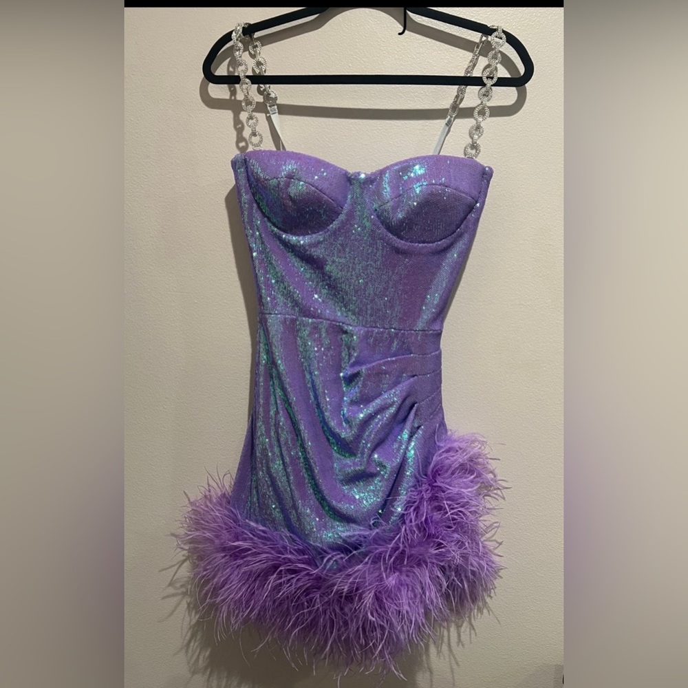 NADINE MERABI Lavender Iridescent Feather Mini Dress - Picture 9 of 13